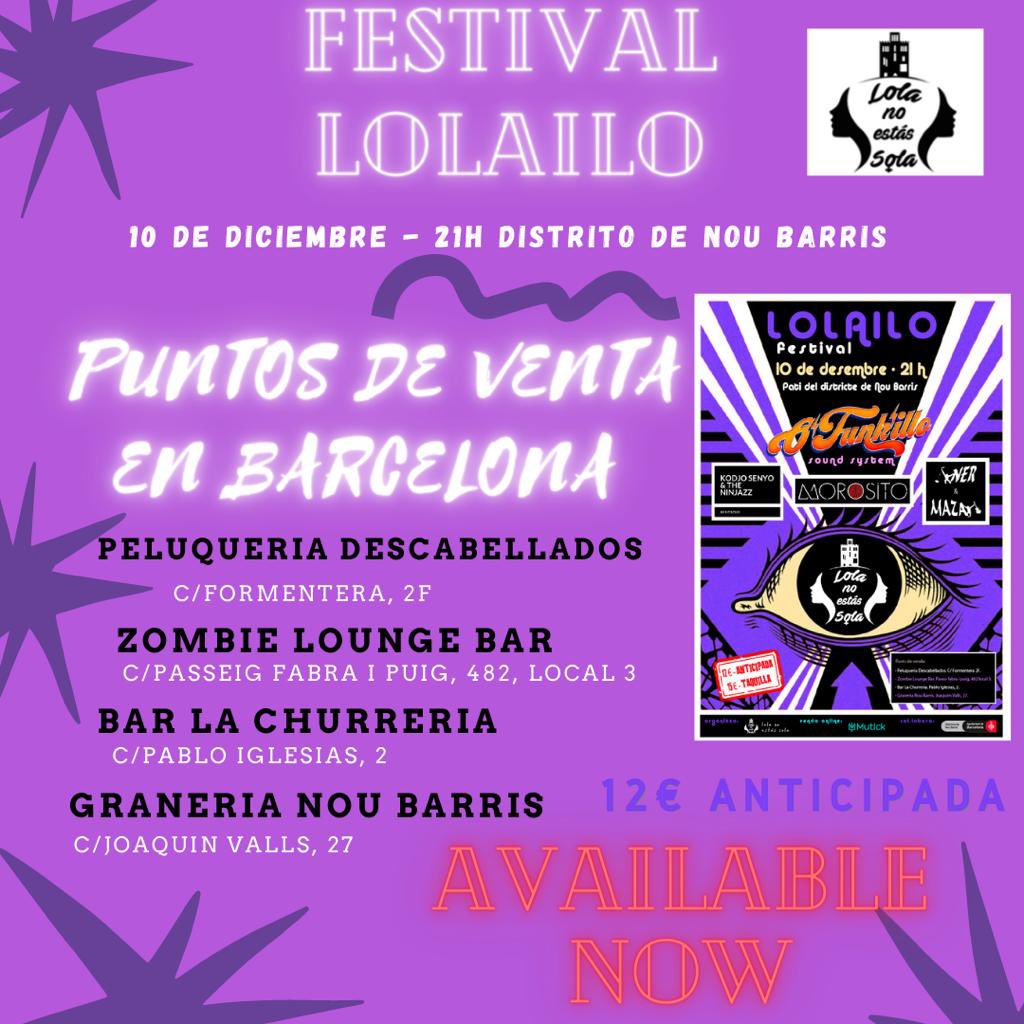 Desde hoy Martes 16, ya podéis comprar vuestras entradas fisicas para el FESTIVAL LOLAILO🎉💜 Los diferentes puntos se encuentran en Barcelona📍
Tenéis el link para conseguirlas online en nuestra biografia del perfil🤟🏾
No te quedes sin tu entrada✨✊🏽
#festivallolailo