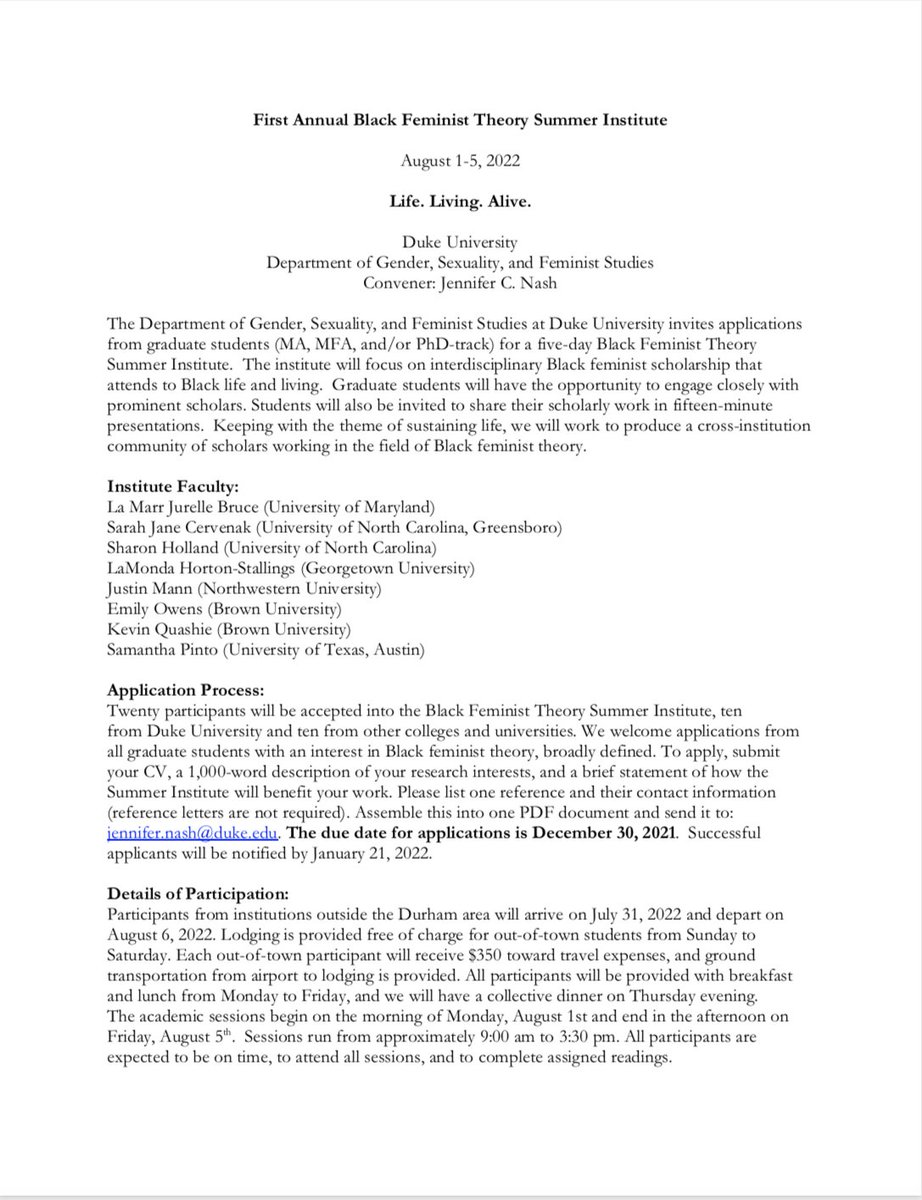 samanthanpinto's tweet photo. APPLY!  Inaugural Black Feminist Theory Institute @DukeGSF @pornoscholar @jmanntweets @Afromanticist and so many brilliant, kind others who aren't on this app . . . https://t.co/TdkLv04UwG