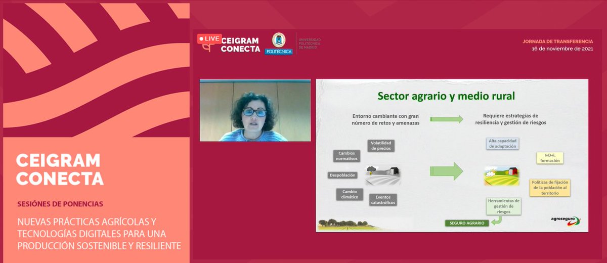 CEIGRAM's tweet photo. Elsa Sánchez, Técnico Departamento de Consultoría y Relaciones AGROSEGURO (@mapagob), nos habla sobre la resiliencia de las explotaciones y del medio rural y el papel del seguro agrario. #CEIGRAMCONECTA 🌾✨ https://t.co/Vr6hnsEVbz