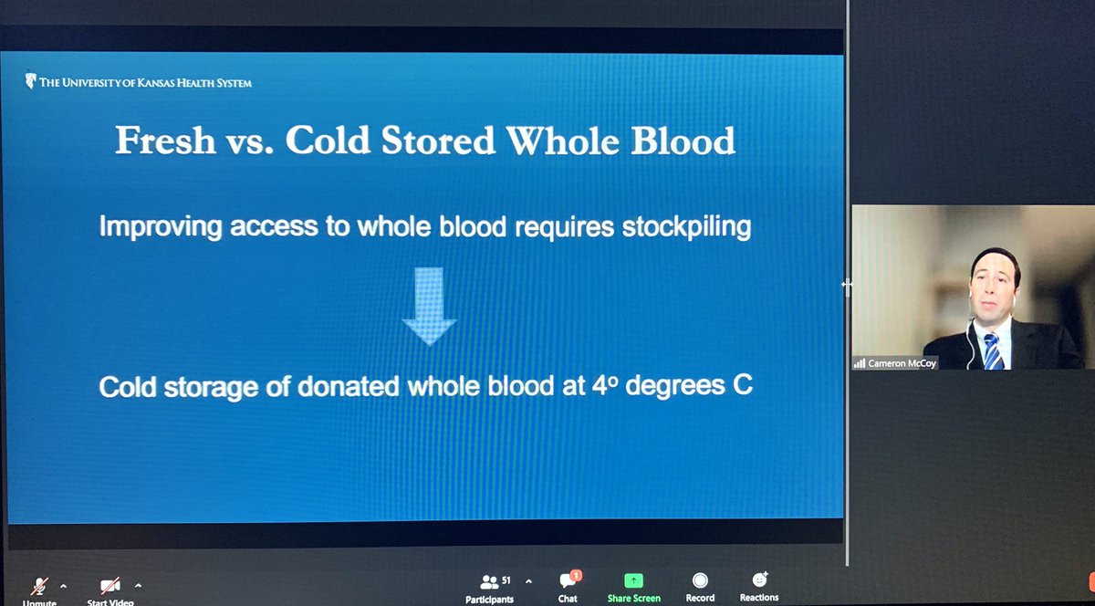 Our own @cameronmccoy delivers the past, present, & future of whole blood resuscitation in trauma patients @KU_Surgery grand rounds. Making a strong case that it’s time for @KUHospital to use whole blood at our Level I trauma center.