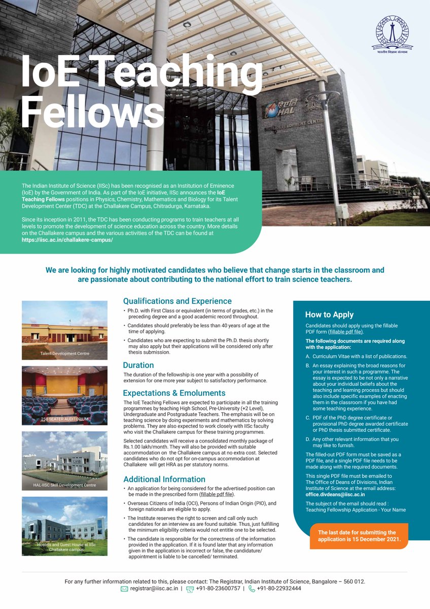 iiscbangalore's tweet photo. IISc invites applications for IoE Teaching Fellows in physics, chemistry, mathematics and biology for its Talent Development Center at the Challakere campus, Chitradurga, Karnataka. 
More details: https://t.co/ytgK84jcEC
Form: https://t.co/64a8HLcQHc
Deadline: 15 Dec 2021 https://t.co/t4vWU3I7dx