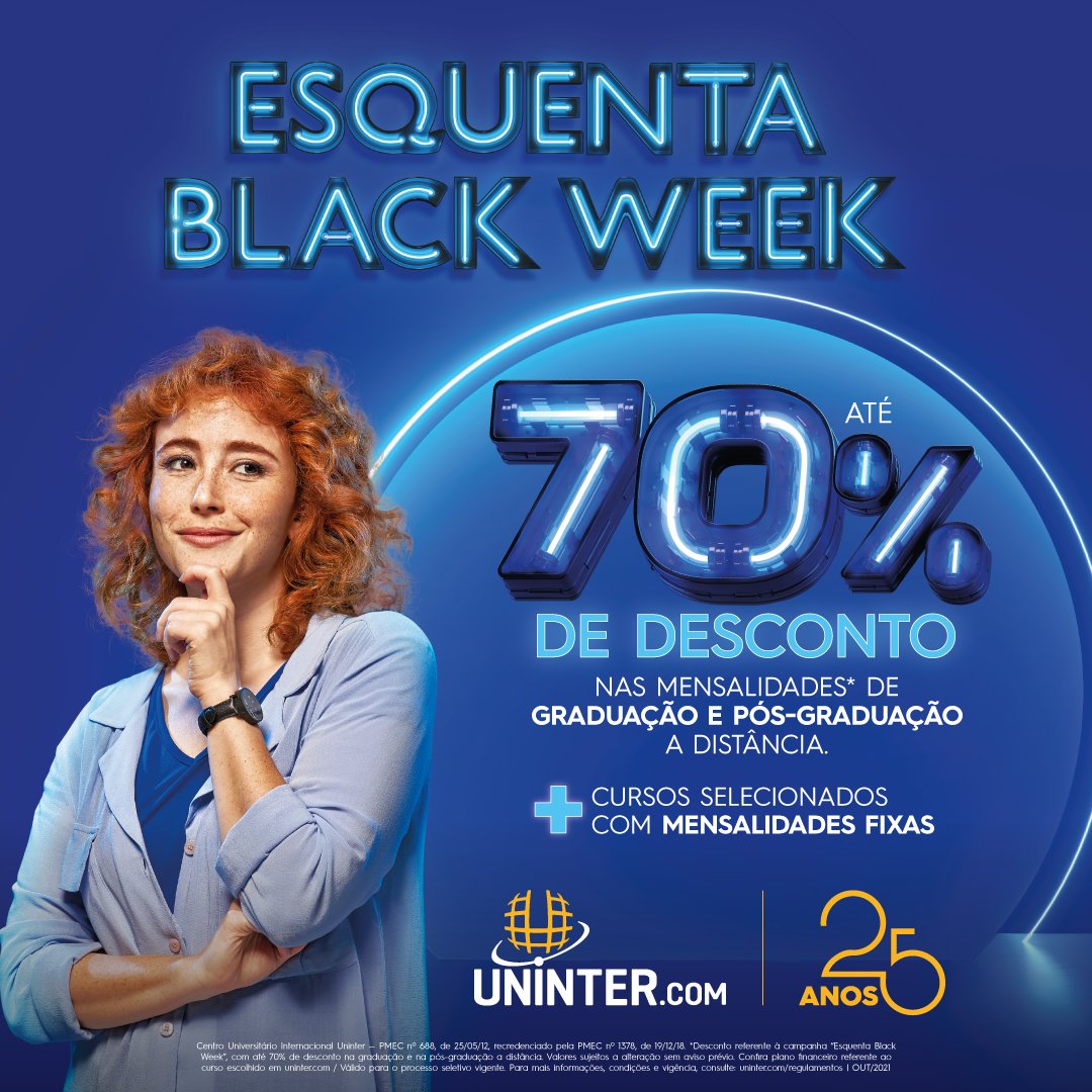 unintercabofrio's tweet photo. Chega de adiar os seus planos. O Esquenta Black Week Uninter chegou para antecipar a época mais esperada de descontos, com as melhores vantagens pra você começar a estudar hoje e conquistar de vez o seu espaço no mercado de trabalho. 
Acesse https://t.co/Yj5xUr8T5C https://t.co/zcgbs51Hxt