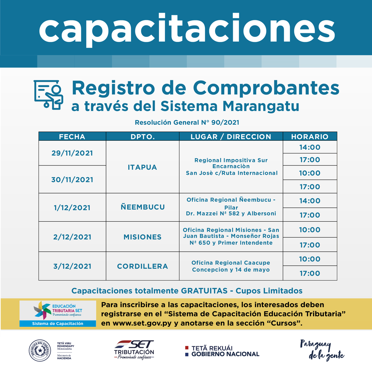DNITpy's tweet photo. 🗓️NUEVAS FECHAS | Ya podés inscribirte a los cursos sobre el Registro de Comprobantes en Marangatu que se desarrollarán conforme a los siguientes calendarios.
Registrate en el Sistema de Capacitación 👇 https://t.co/HyzqIXO0Ho
Tutorial para el registro: https://t.co/ymVfOzDyym https://t.co/h3vb22C05F