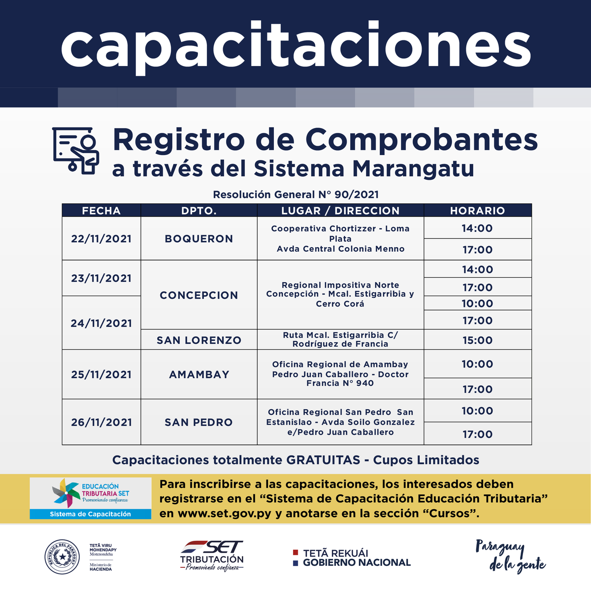 DNITpy's tweet photo. 🗓️NUEVAS FECHAS | Ya podés inscribirte a los cursos sobre el Registro de Comprobantes en Marangatu que se desarrollarán conforme a los siguientes calendarios.
Registrate en el Sistema de Capacitación 👇 https://t.co/HyzqIXO0Ho
Tutorial para el registro: https://t.co/ymVfOzDyym https://t.co/h3vb22C05F