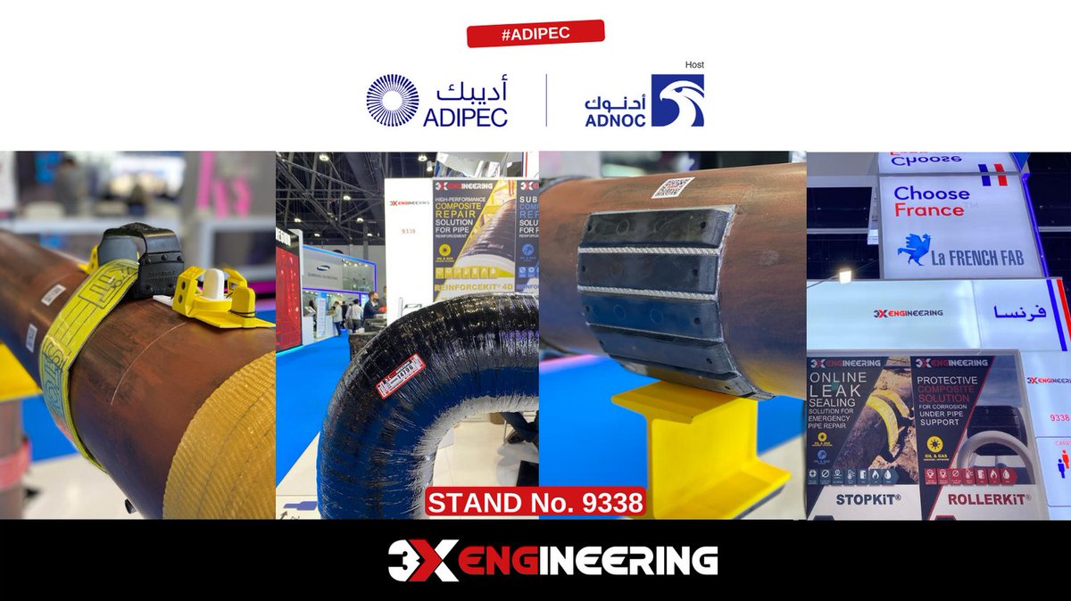 3XEngineering's tweet photo. #ADIPEC 

Come and see our products during @adipec

#3XENGINEERING #oilandgas #pipelinerepair #InternationalCompany #energy #tank #structural #innovation #technology #flangerepair #compositerepair #pioneerspirit #reinforcement #protection #compositetechnology https://t.co/bVUGNtmjwC