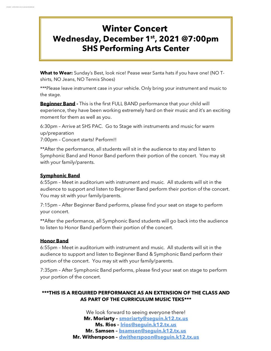 jimbarnesmsband's tweet photo. Winter Concert Schedule for all Band students.  We look forward to seeing you at our concert!  Very excited to host a concert in the SHS PAC in almost 2 years!  #1Town1Sound #JBMSisBOLD https://t.co/i7iaKky150