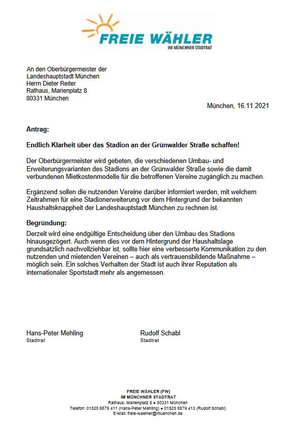 Unsere Stadträte fordern: Endlich Klarheit für das #Grünwalder Stadion. ⚽️🧡

#fw #freiewähler #münchen #fußball #lebenswertesmünchen #planfürmünchen