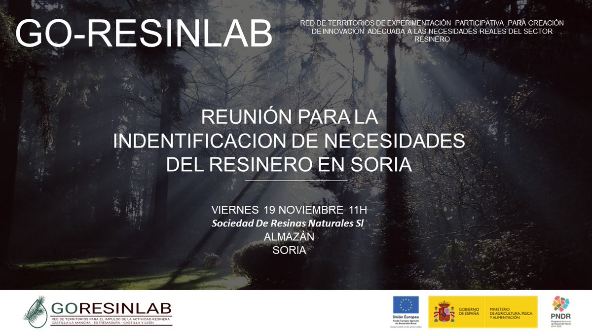 GoResinadapt's tweet photo. El próximo viernes 19 de noviembre el Grupo Operativo GO-RESINLAB se reunirá con resineros del Living-Lab de Soria en Almazán.
Objetivo de la jornada: Detectar las necesidades de los resineros en cuanto a asociativismos, cooperativismo y multifuncionalidad.
#formación #goresinlab https://t.co/9y0lQ3Eko0