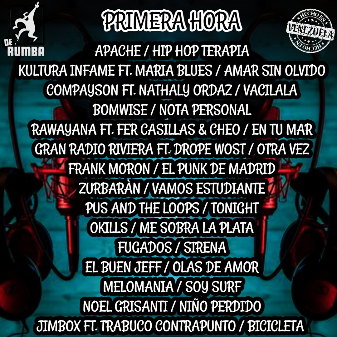 victormendez's tweet photo. Martes de #HechoenVenezuela , en la segunda hora sonarán:
@dernamusic @OswaldoGrillet + Luis G. Moreno + Siga Nomás + @Carlosangola @RoroVeraS @BrontissOficial @sdagnino @tomatesfritos @octaviosune @thevenezuelans @Candy66oficial @bostonrex @veronamusic @reismusicanueva https://t.co/VZoY04w0YU