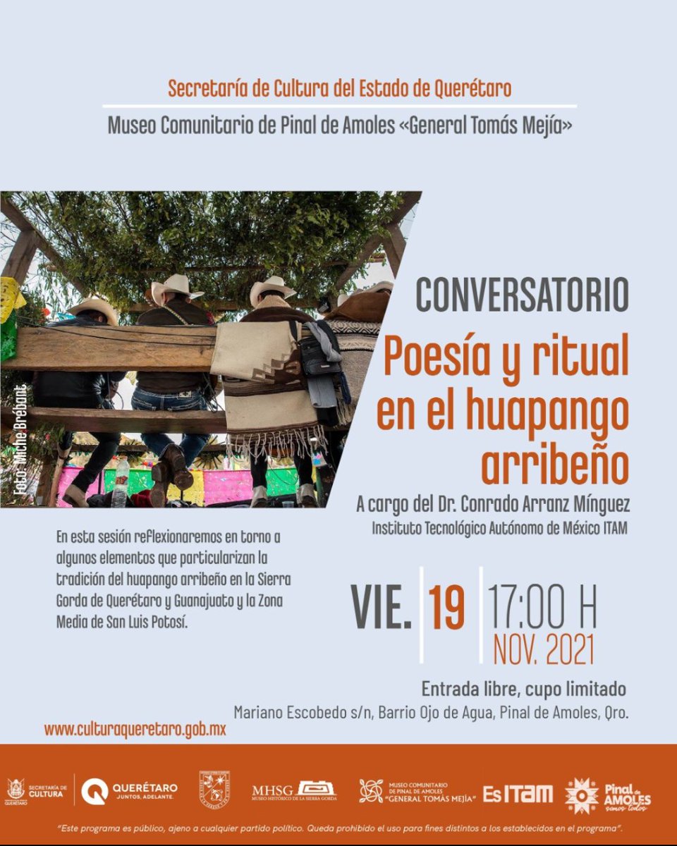 MuseoCPinal's tweet photo. 🎤Poesía y Ritual en el Huapango Arribeño🎻

Plática impartida por Dr. Conrado Arranz Mínguez, investigador del ITAM.

🗓️ Viernes 19 de noviembre.
🕛 17:00 hrs.
📍Instalaciones del Museo Comunitario de Pinal de Amoles.

Te esperamos‼️✋
@SECULTQro https://t.co/toX5eKSOh6