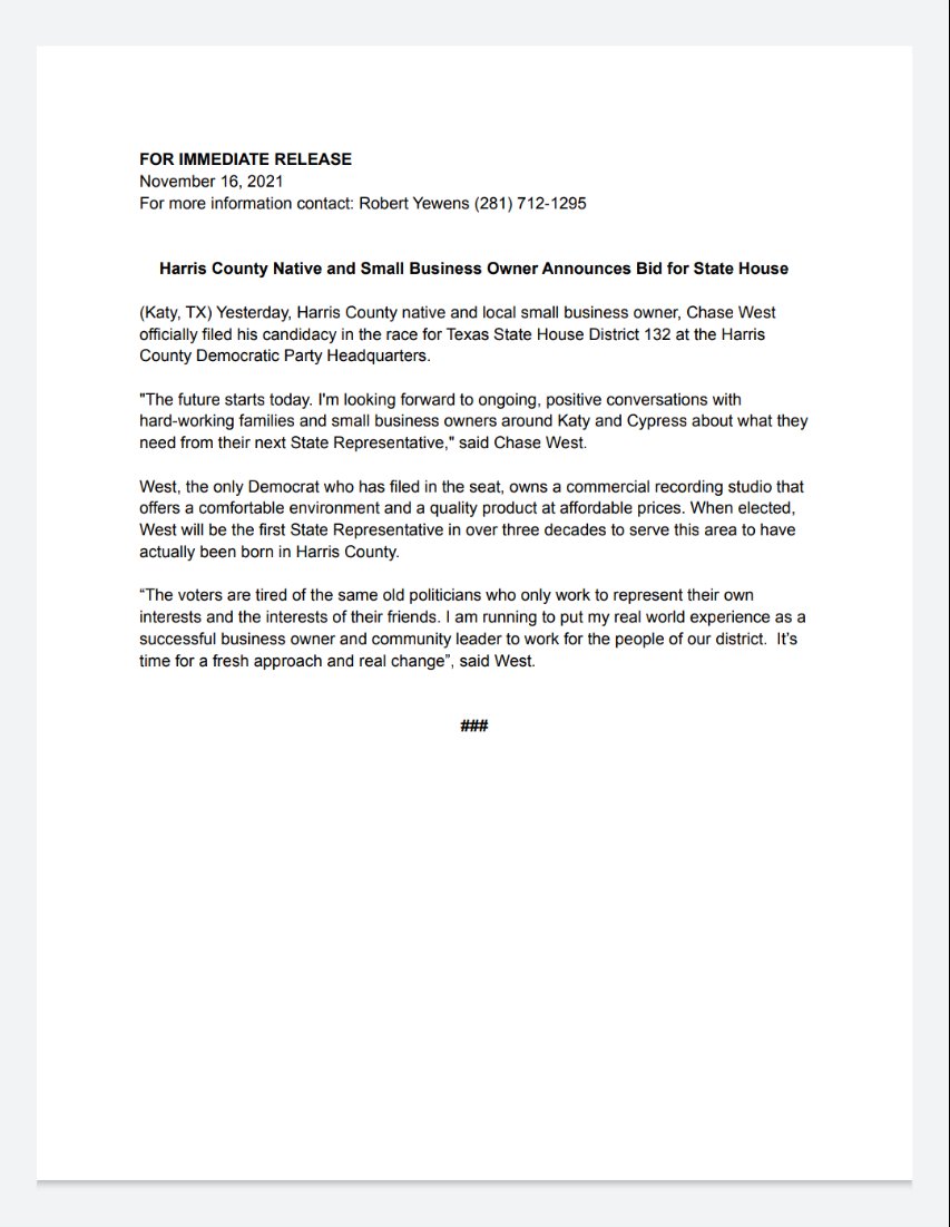 WestforTX's tweet photo. For Immediate Release:
I have officially filed with HCDP as a candidate for Texas State Representative in HD132. As the only challenger to incumbent Representative Schofield, I look forward to fighting for our communities. Learn more at https://t.co/KyuVKZ1M2f
#WESTforTX https://t.co/1Wt9qQDrBA