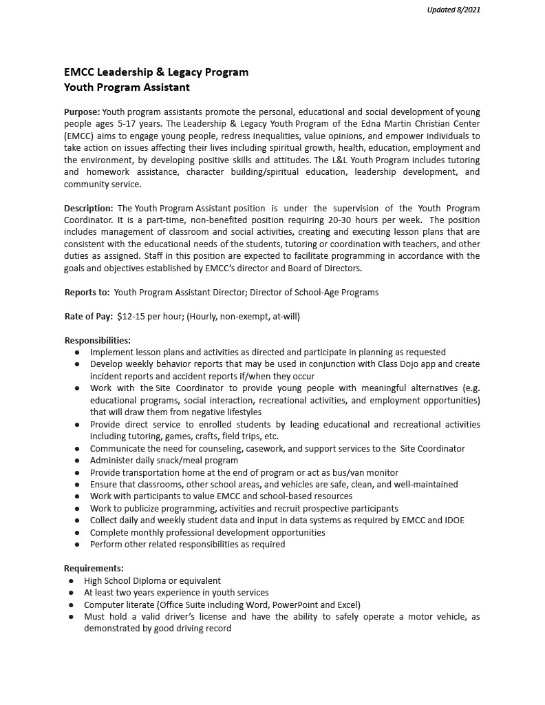derrinslack's tweet photo. Looking for a new position with a great organization?

See Edna Martin’s Youth Program Assistant job description below!

To apply email Jamie Scott, Director of School-Age Programs, jscott@edinmartincc.org https://t.co/7fdlgHsRLF