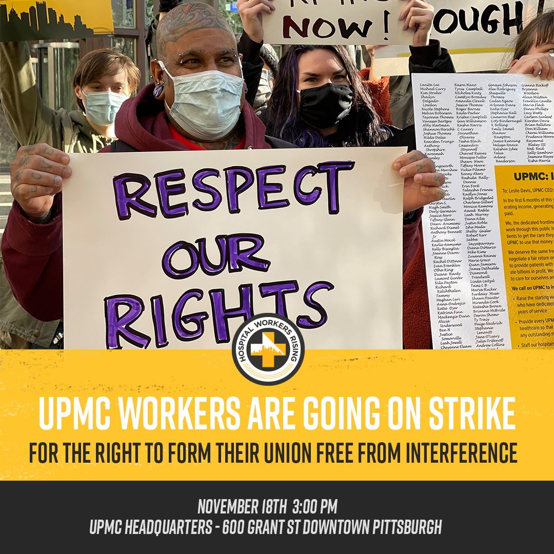 WayneDFontana's tweet image. UPMC workers continue to show up through all the challenges of the pandemic &amp;amp; now they need UPMC to show up too! Workers deserve livable wages, affordable healthcare without medical debt, paid leave, &amp;amp; the right to form a union without interference. #UPMCStrike #Strikesgiving