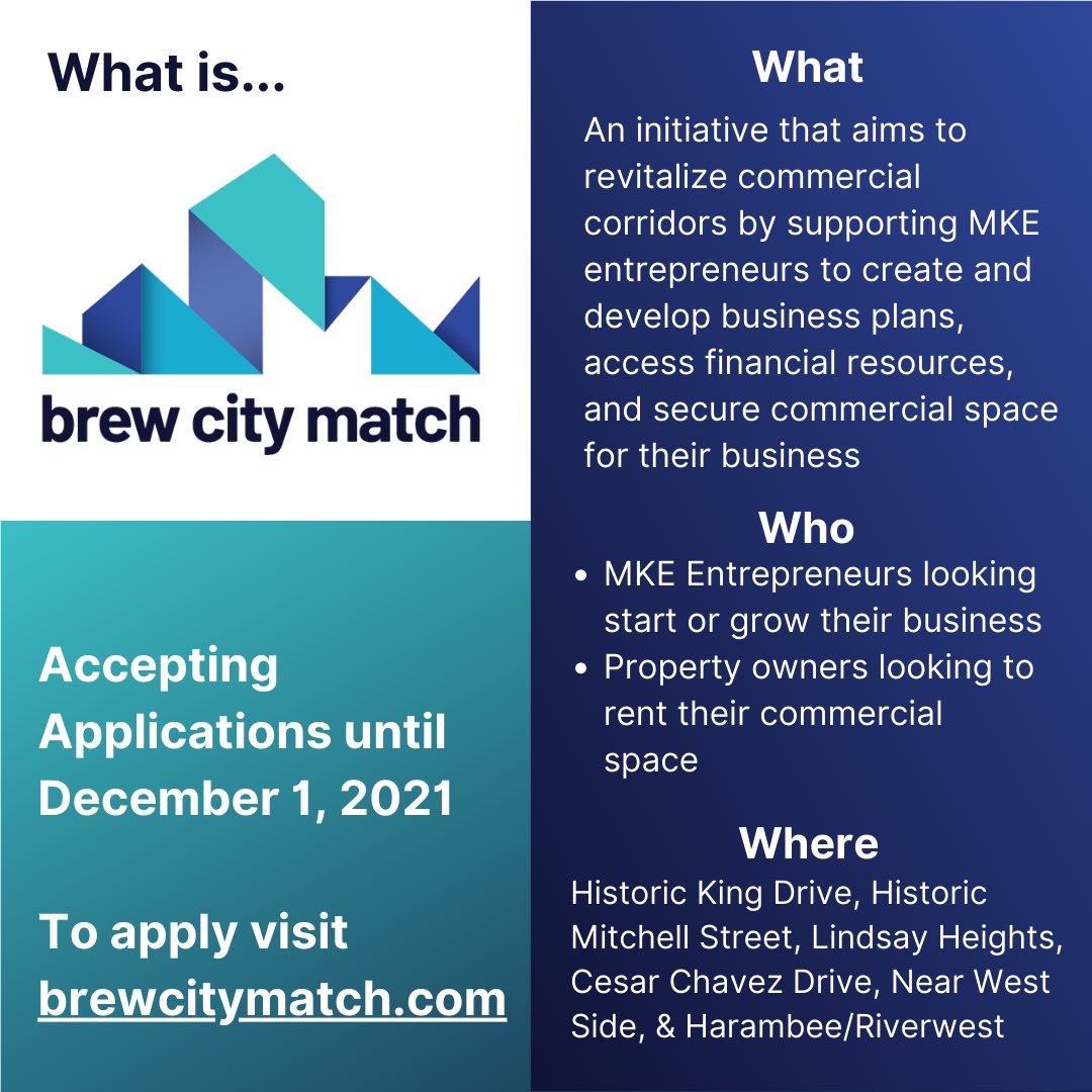 MilwaukeeDCD's tweet image. Looking to start/grow your business? Brew City Match can help set your business up for success through financial and technical resources, and supporting securing commercial space. 
For details, visit brewcitymatch.com
#BrewCityMatch #SmallBizMke
