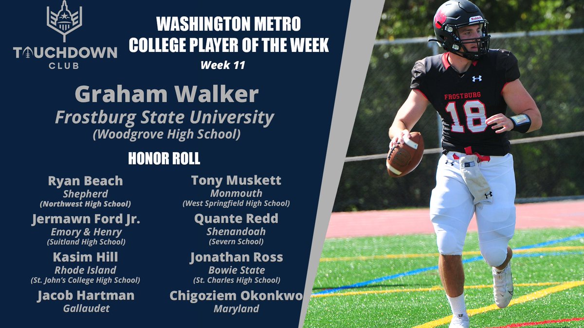 DCTouchdownClub's tweet photo. This week’s #DCTDC Washington Metro College Player of the Week is @FrostburgFBALL Quarterback Graham Walker!
Walker completed 22 of 27 passes for 395 yards and a school single-game record seven touchdowns as
the Bobcats beat West Liberty, 56-3!
📰https://t.co/jnWCyzOMyB https://t.co/37jiDj9ZSP