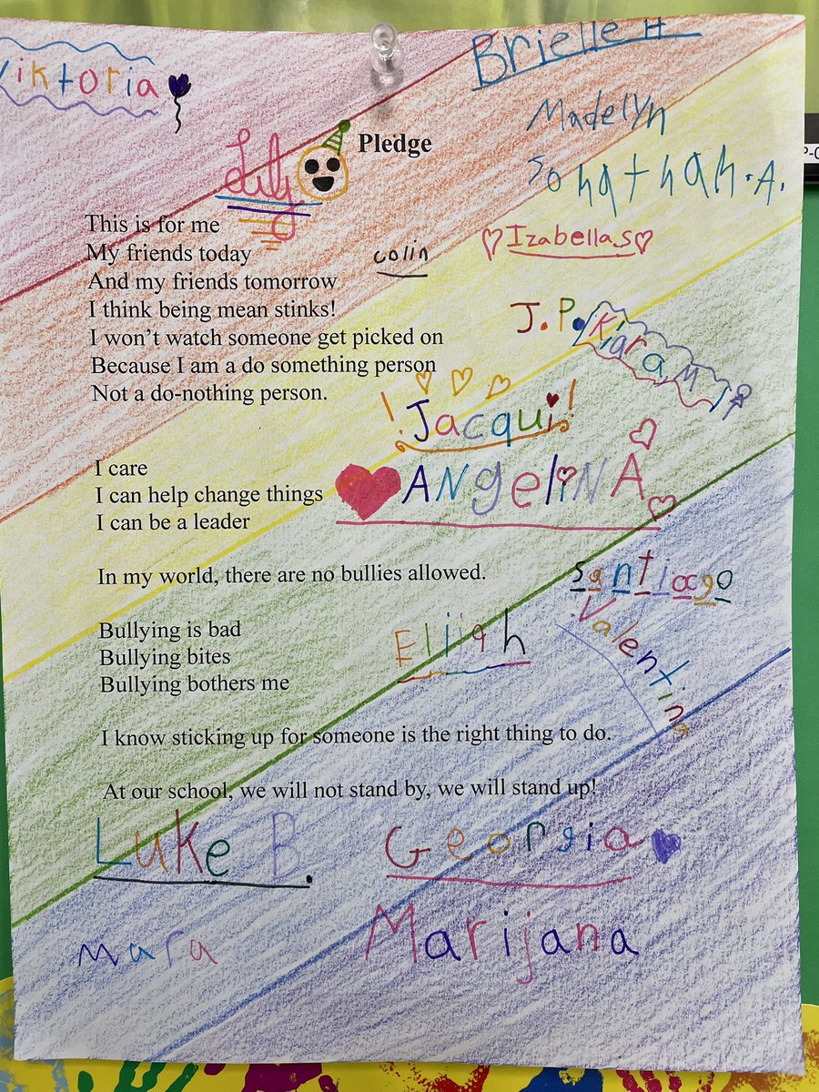 Grade3EFI's tweet photo. Bullying Awareness Week! Lots of great conversations happening in our classrooms. The students signed a pledge to stand up to bullying! 💪🏼 @StBrigidHCDSB https://t.co/E55sfNLVLl