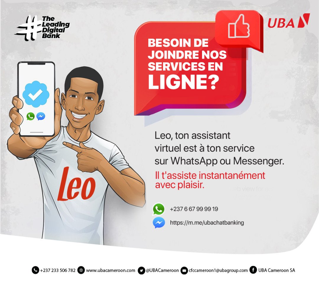 ubacameroon's tweet photo. Une question ? Un souci ? contacte Léo ton assistant en ligne disponible 7j/7, 24h/24 !
via whatsapp au 6 67 99 99 10 ou via messenger 😊
#LaBanqueDigitaleLeader #UBACameroon #leouba #chatwithleo #discuteavecleo https://t.co/Ztf1Y6Xt1c