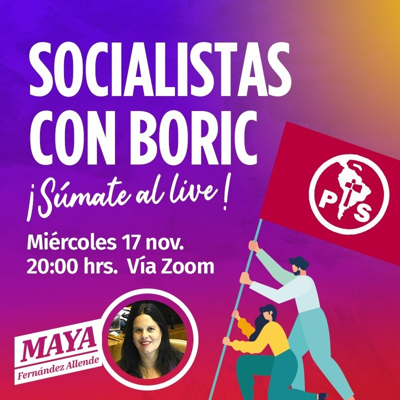 Mañana miércoles 17, nos encontramos todes los #Socialistas con #Boric!!! junto a <a href="/Mayafernandeza/">Maya Fernandez Allende</a>, nos vemos a las 20:00 horas. #SomosUno #EstamosConMaya #Seguimos