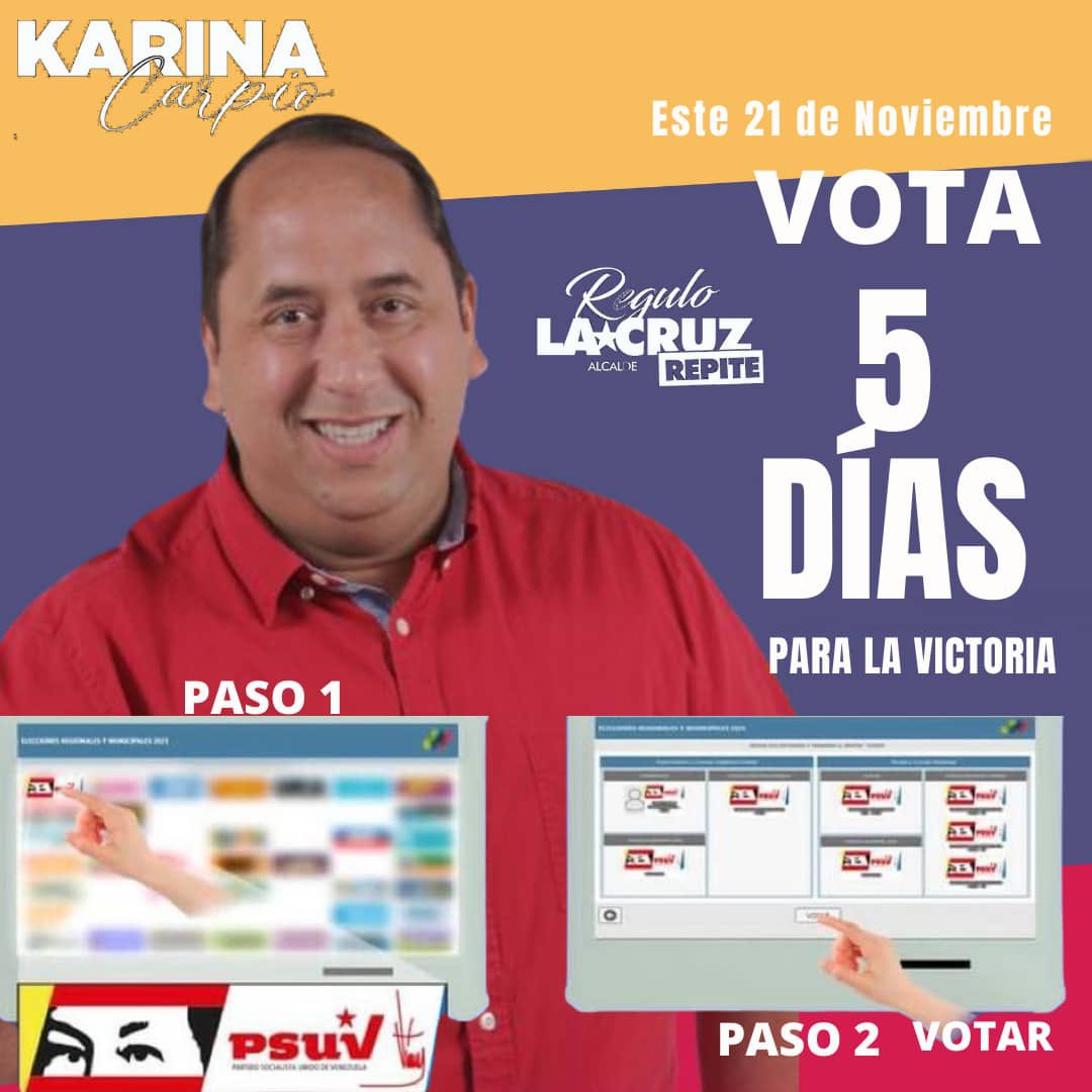 5 días para la Victoria!!! 
Este domingo 21 de Noviembre Vota por La Paz, el Futuro y El Progreso.. juntos Venceremos! <a href="/Soykarinacarpio/">Karina Carpio</a> <a href="/PartidoPSUV/">PSUV</a> <a href="/dcabellor/">Diosdado Cabello R</a> <a href="/NicolasMaduro/">Nicolás Maduro</a>