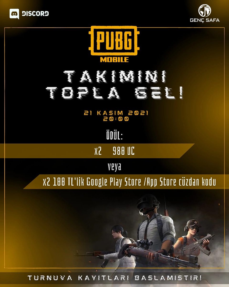 gencsafasivas's tweet photo. GENÇ SAFA PUBG MOBİLE TURNUVASI!

🖥️ Turnuva ve yayın platformu: Genç Safa Discord sunucusu 
https://t.co/KYkR8XEJla
(sunucu erkeklere özeldir)

📌Kayıtlar Discord üzerinden yapılacaktır.

🗓️ Tarih: 21 Kasım 2021 - Saat: 20.00 https://t.co/0bKp0QG5FR