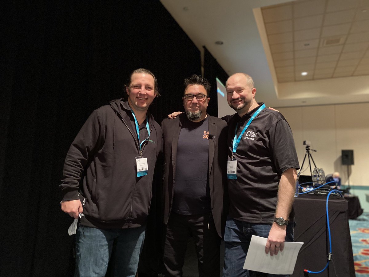 DaveKawula's tweet photo. Day two of @TechMentorEvent #live360events @Live360events a great chance for @samilaiho and myself to introduce our dear friend @stephenlrose chatting about all things #MicrosoftTeams #keynote #mvpbuzz https://t.co/crc2ydyG11