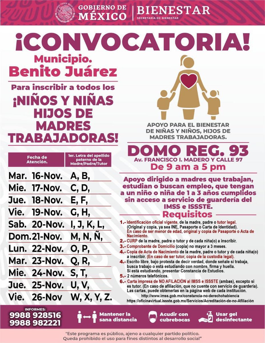 AytoCancun's tweet photo. Delegación Federal Quintana Roo: Hacemos una convocatoria al Municipio de Benito Juárez, para la inscripción al Programa de Apoyo para el Bienestar de Niñas y Niños, Hijos de Madres Trabajadoras.

Consulta fecha, sede y requisitos en la imagen 👇 

Secretaría de Bienestar https://t.co/eZsvdnGYNO