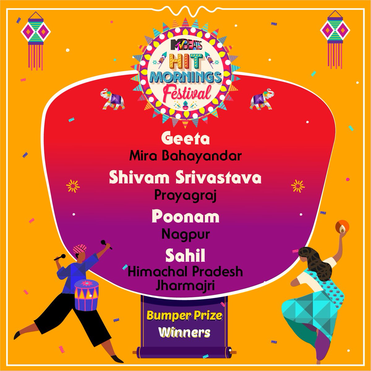 MTVBeats's tweet photo. Congratulations!đ
Humare #HitMorningsFestival, Bumper prize winners ko.
Stay tuned to #MTVBeats aise aur fun contests ke liye.
#Contest #Diwali #FestiveSeason #WatchnWin #BloodMeinHaiBeat https://t.co/t6DSng9Xan