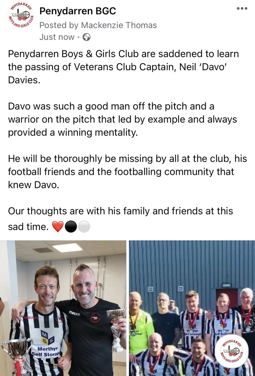 PenydarrenFC's tweet photo. Penydarren BGC are saddened to learn the passing of Veterans Club Captain, Neil ‘Davo’ Davies. 

Davo was such a good man off the pitch and a warrior on the pitch that led by example. 

Our thoughts are with his family and friends at this sad time ❤️ https://t.co/nR5vxHHfR3