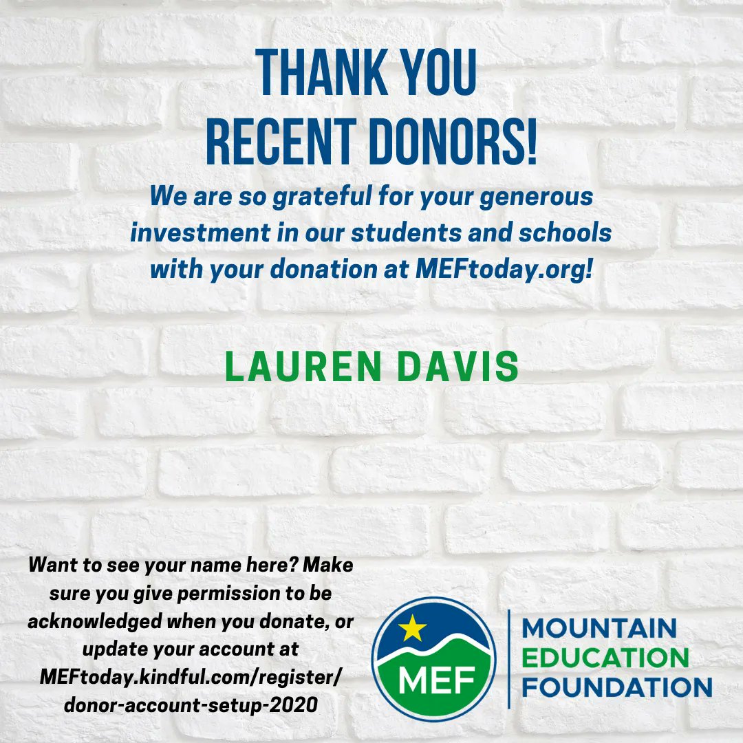MtnEdFoundation's tweet photo. THANK YOU to these RECENT donors for investing in our children with your donation at https://t.co/hAQ9Jdk7wG! #SignalSOARS with your support!
We only share names with permission... and we so appreciate ALL our donors, named or not!
#MEFtribe #SignalTHANKS https://t.co/LDna3b5urL