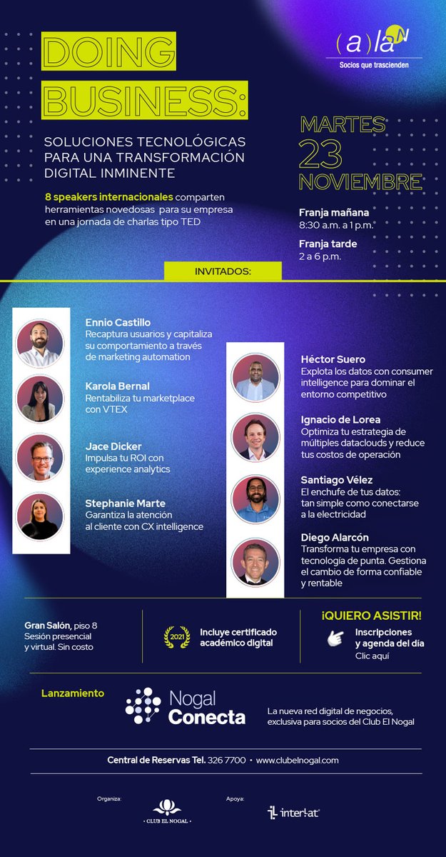 NETclubelnogal's tweet photo. Representantes de importantes empresas tecnológicas alrededor del mundo nos acompañarán este 23 de noviembre. Acompáñenos igualmente al lanzamiento de nuestra nueva red digital para socios, Nogal Conecta.¡No se lo pierdan! Inscripciones aquí: https://t.co/Od8AYvQjpI #nogalconecta https://t.co/nQlVohyGCR