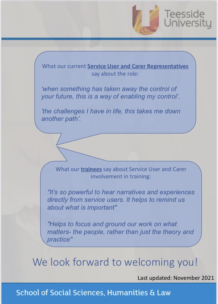 Are you or do you know of anyone who may be interested in becoming a Service User and Carer Representative for our Doctorate in Clinical Psychology Course? There are lots of interesting roles available!