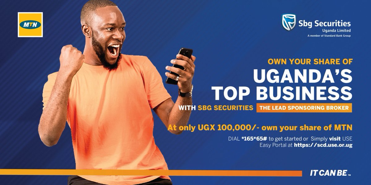 stanbicug's tweet photo. The #MTNIPO is almost closing. With a minimum of UGX 100,000, you are still in luck to become a part owner in one of Uganda’s biggest businesses.

Call #SBGSecurities on 0312 224965 or email sbgqueries@stanbic.com to invest and own a part of @mtnug today. https://t.co/9NWAs4C6Nv