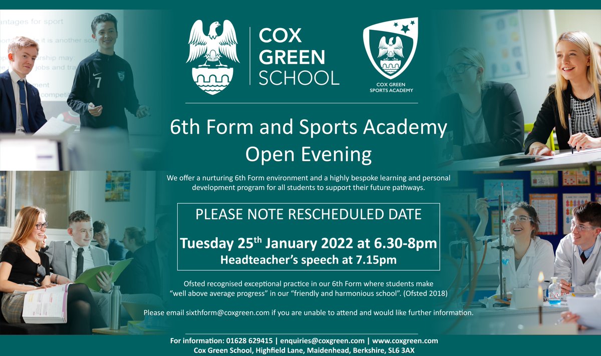 CoxGreenSchool's tweet photo. Due to unforeseen staff absence we have made the difficult decision to postpone our #SixthFormOpenEvening that we were due to host on Thurs 18th Nov. This event will now take place on Tues 25 Jan. #ALevels #BTEC #FuturePathways #6thFormStudy #Maidenhead6thForms #Year11 https://t.co/CJup25Xdgd