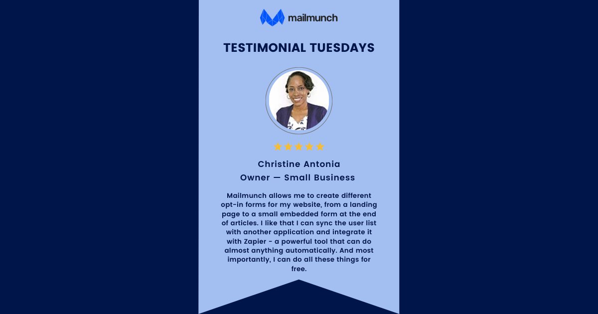 mailmunch's tweet photo. Another Tuesday to brighten up our day!
Choose Mailmunch, the first choice of hundreds of businesses looking to generate, nurture and convert leads into paying customers!
Explore more: https://t.co/qEbhkMxSTE
#OptinForms #LeadGeneration https://t.co/9kSIjH22bL