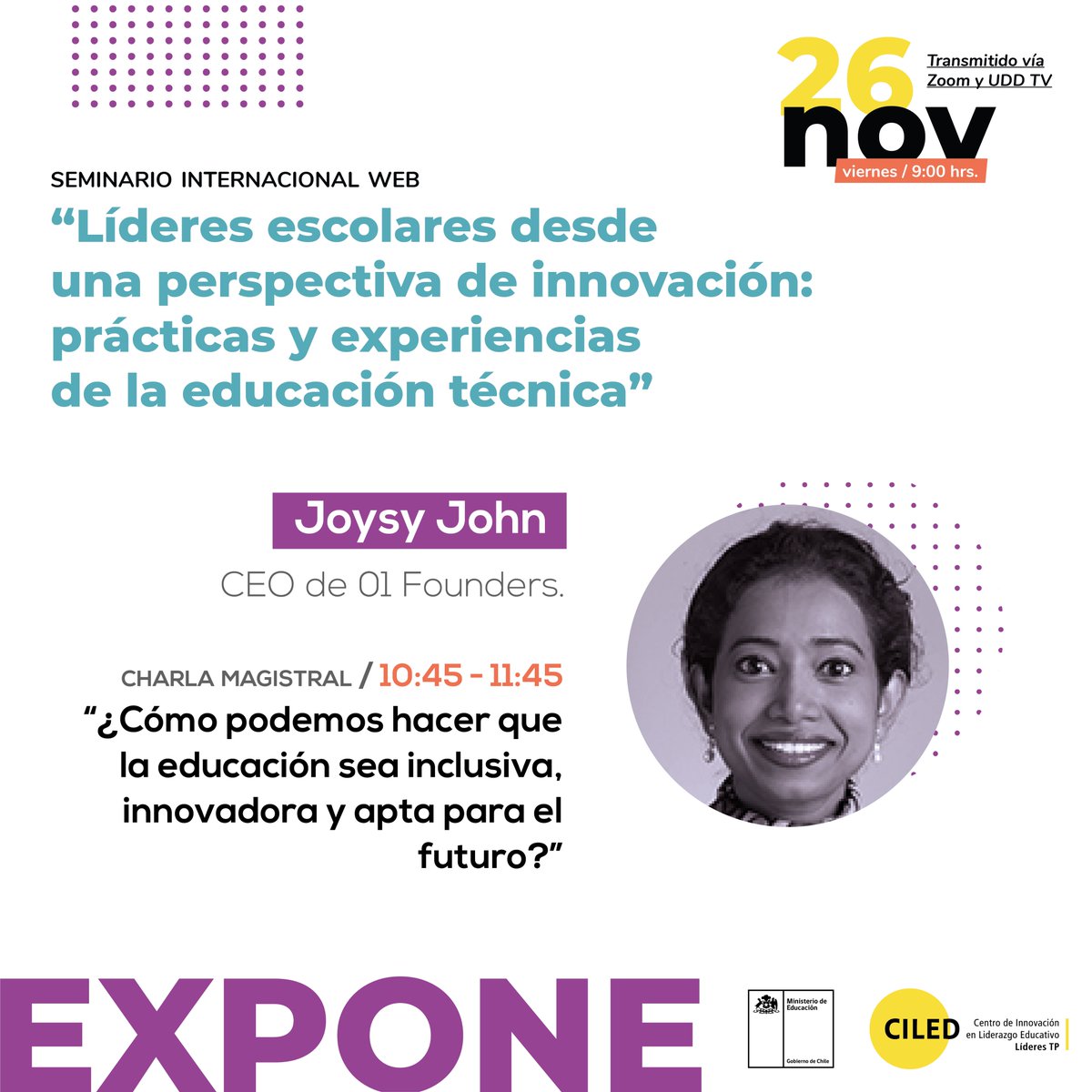ciled_udd's tweet photo. La especialista en liderazgo, educación e innovación social @joysyj, Ceo de @01_Founders expondrá sus ideas para una educación inclusiva el próximo viernes 26 en nuestro Seminario web Internacional.
Inscríbete acá https://t.co/SXFWUHFJRc
#Educación #EducaciónInclusiva #CILED https://t.co/cQD96B00Lj