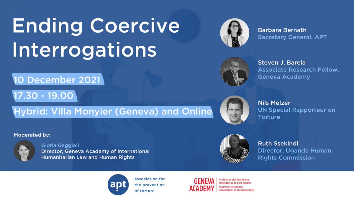APT Geneva (@apt_geneva) on Twitter photo Scientific research shows that coercive interrogation methods do not work. However, there are alternatives.
Join us & <a href="/Geneva_Academy/">Geneva Academy of IHL and Human Rights</a> on 10 Dec to discuss how #MéndezPrinciples improve results of investigations while respecting human rights.
Register: bit.ly/Principles_10D… Scientific research shows that coercive interrogation methods do not work. However, there are alternatives.
Join us & <a href="/Geneva_Academy/">Geneva Academy of IHL and Human Rights</a> on 10 Dec to discuss how #MéndezPrinciples improve results of investigations while respecting human rights.
Register: bit.ly/Principles_10D…