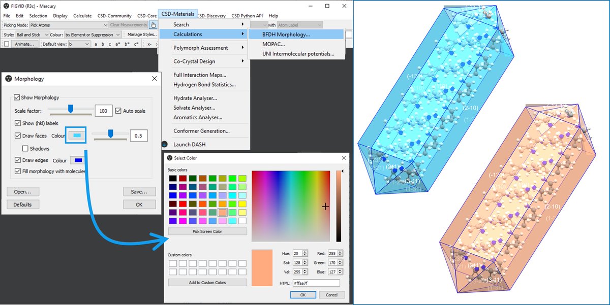 ccdc_cambridge's tweet photo. Do you do BFDH Morphology calculations in Mercury? You can change the colour of the faces of the prism from the Morphology window by clicking on the colour swatches. Watch the how-to video: https://t.co/r3YaGZatR0 #CSDTopTipTuesday on CSD Entry FIGYID. #chemtwitter https://t.co/woB9oM4Cw3