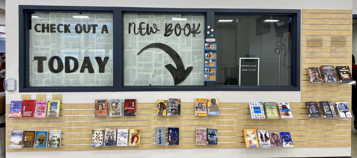 LisaComlyLMS's tweet photo. Our #slatwall is complete in the @RDGschools RHS Library & Media Center with hand-painted signage and some brand new books. Come check out a new favorite today! #rhslmc #RSDproud #redknightsread https://t.co/SBJmF10lPY