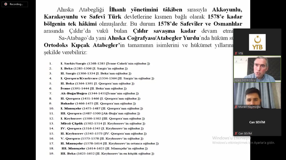 Başkanlığımız desteğiyle <a href="/ahiskaligencler/">Ahıskalı Gençler Birliği</a> tarafından düzenlenen Ahıska Üzerine Akademik Okumalar programının 4. haftasında Dr. Azad Dedeoğlu Ahıska tarihini anlattı.