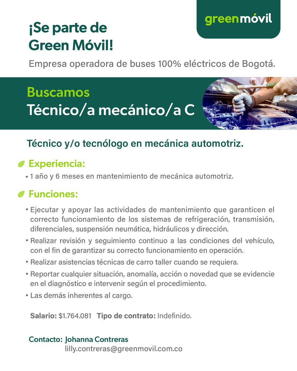 Si eres técnico y/o tecnólogo en mecánica automotriz ¡Esta oportunidad es para ti!
Postúlate a nuestra oferta para Técnico/a Mecánico/a.
lnkd.in/dkUBj8jx

#empleosihay #trabajosihay #bogotá