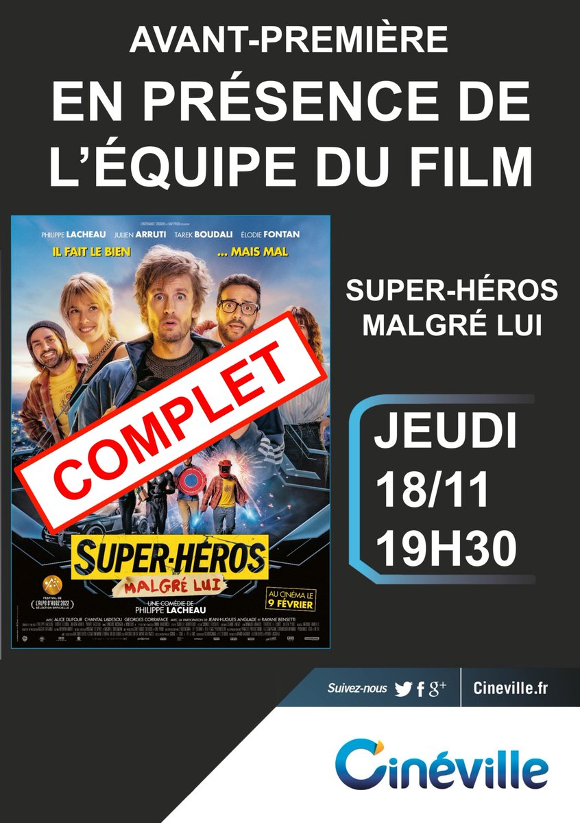 🔴 [Avant-première] 𝙎𝙐𝙋𝙀𝙍-𝙃𝙀́𝙍𝙊𝙎 𝙈𝘼𝙇𝙂𝙍𝙀́ 𝙇𝙐𝙄
⭐️ En présence de l'équipe du film
⭕ COMPLET
▶️ Merci à toutes et à tous! Vivement jeudi :)