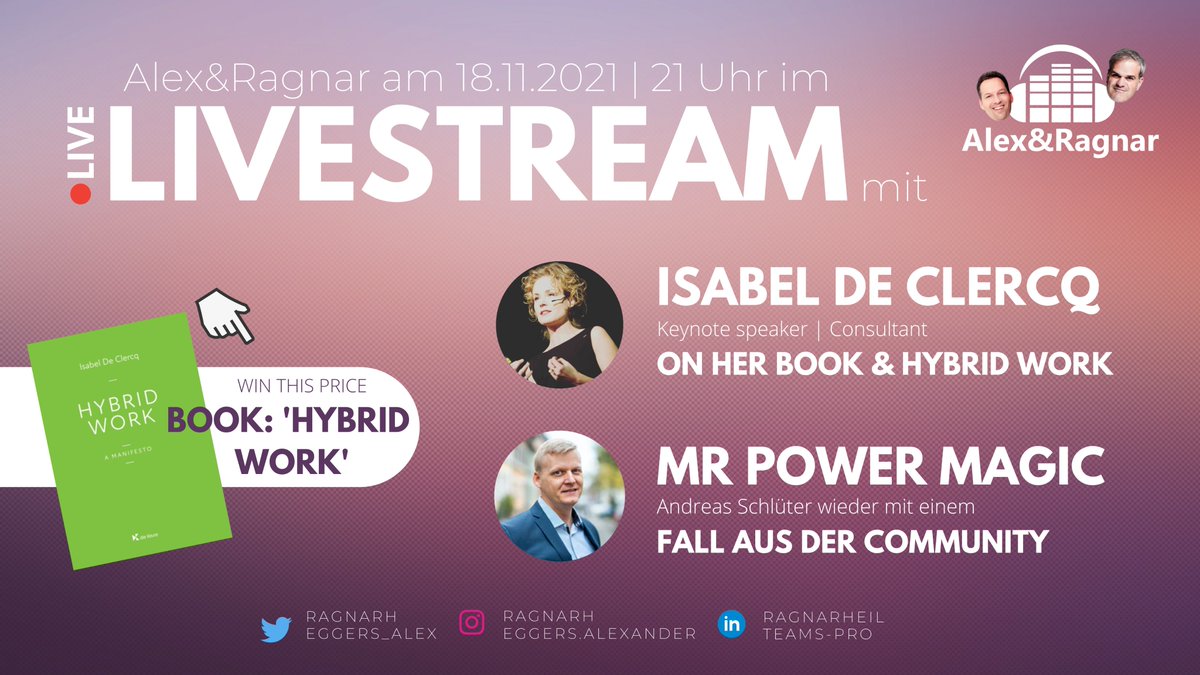 #AlexUndRagnarShow with <a href="/IsabelDeClercq/">Isabel De Clercq</a> about her new book "Hybrid Work". Join us live - Thu 9pm CET-! <a href="/eggers_alex/">Alex Eggers MVP</a> . Our "Mr Power Magic" @MSCloud_Pro is solving difficult cases easily with Power Platform.  youtu.be/6u_TDAo7gHk