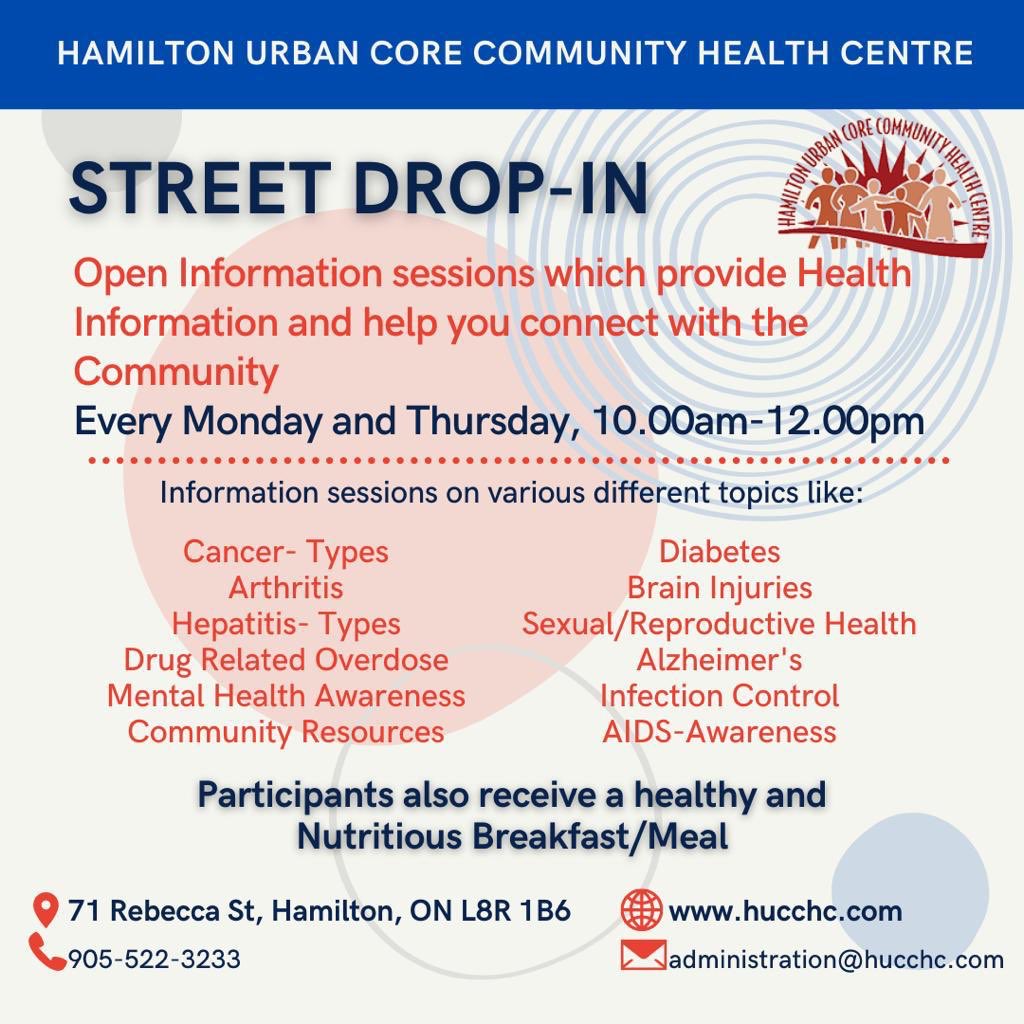 hucchc's tweet photo. Join our Street Drop-in. Grab to-go brunch, get information sessions on various important health concerns, preventive measures, and required resources. 

See you there.

#dropin #hamontevents #hucchc #chcs #communityhealth #BrunchToGo https://t.co/2dbLvbO5TX