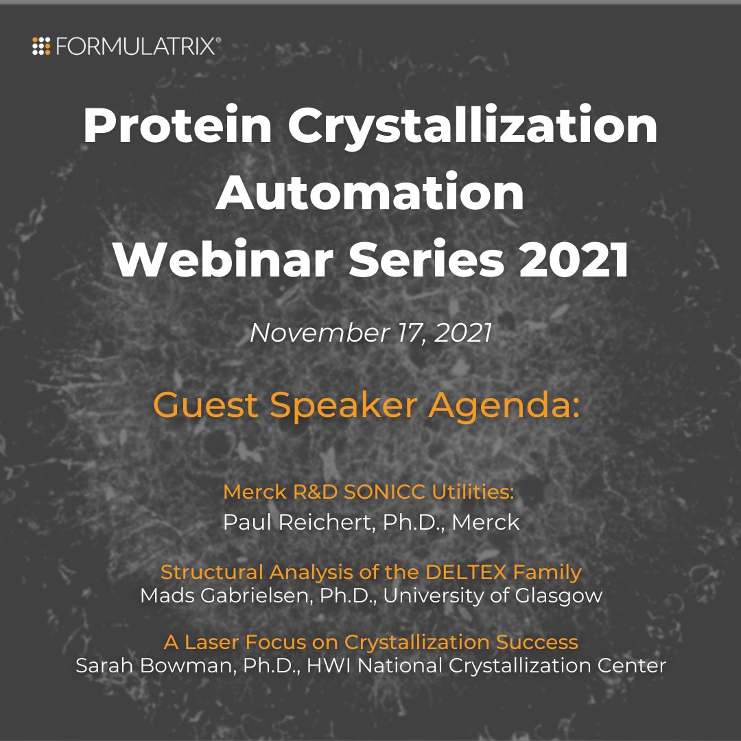 Protein Crystallization Automation Webinar Series 2021 is going live at 10:00 AM ET!

Register Now: hubs.ly/H0_jpMK0

#Crystallization #Crystallography #PCWebinarSeries2021 #FORMULATRIX