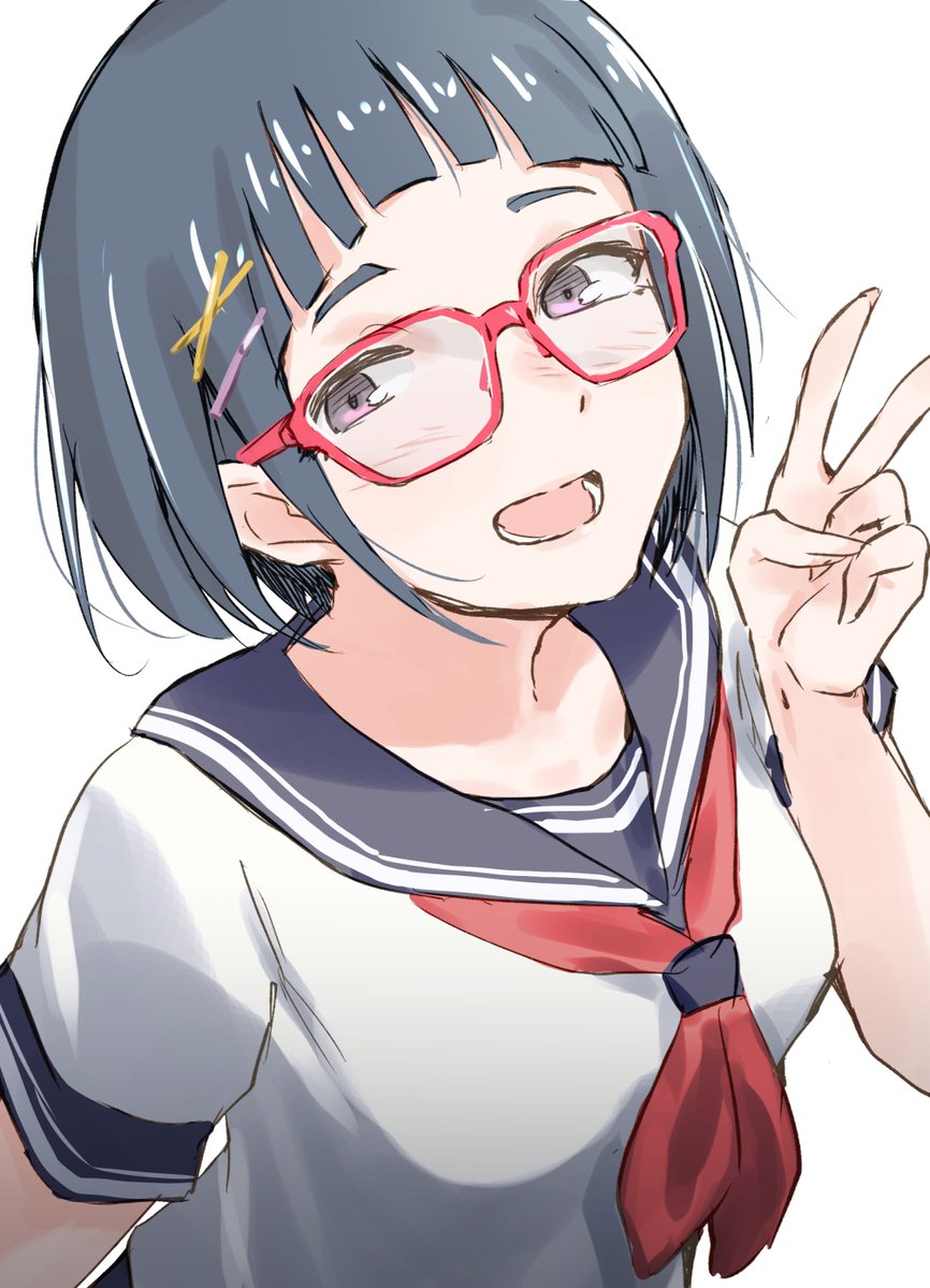 1girl solo glasses school uniform v serafuku white background  illustration images