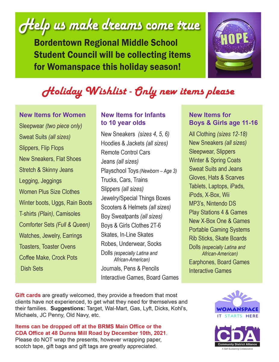 DIRECTORCDA's tweet image. Help Bordentown Regional Middle School's Student Council and CDA collect donations for Womanspace.  This is a local not-for-profit that provides an array of services to those impacted by domestic and sexual violence.  Drop off at the middle school or CDA office by December 10th.