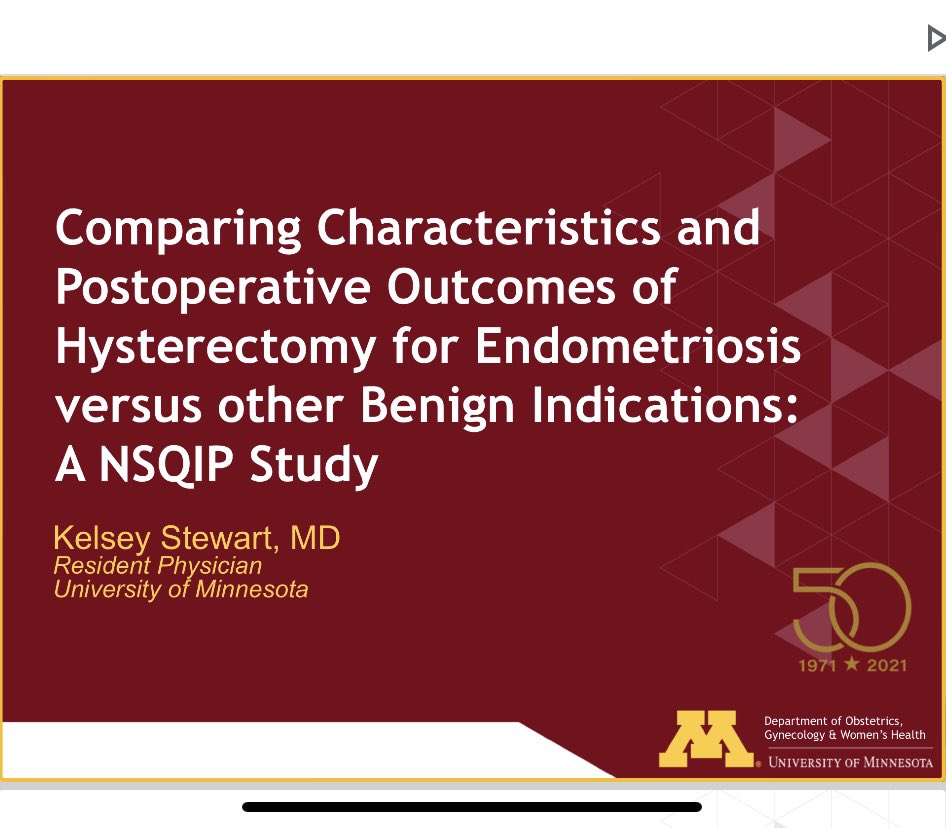 So honored to present my research on morbidity after hyst for #endometriosis at #aagl21 this year! Thank you to my mentor <a href="/DrDanLebovic/">Dan Lebovic, MD🇮🇱</a> for all your support <a href="/UMNobgynres/">University of Minnesota Ob/Gyn Residency</a>