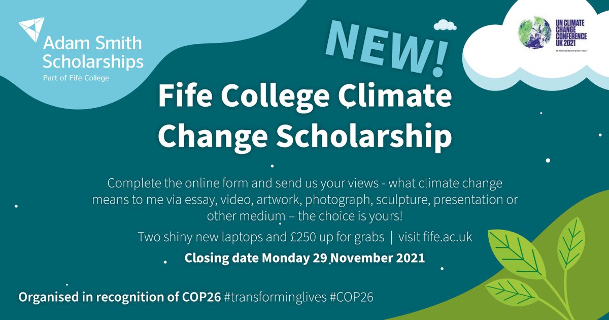ScholarshipsAS's tweet photo. 🌏 Students: There’s still time for you to apply to our @fifecollege Climate Change Scholarship in recognition of COP26.

⏰ Closes midnight Monday 29 November 2021 
 
👉 https://t.co/WwPFB7wCzL 

#AdamSmithScholarships 
#COP26 
#TogetherForOurPlanet https://t.co/yV95izHC6U