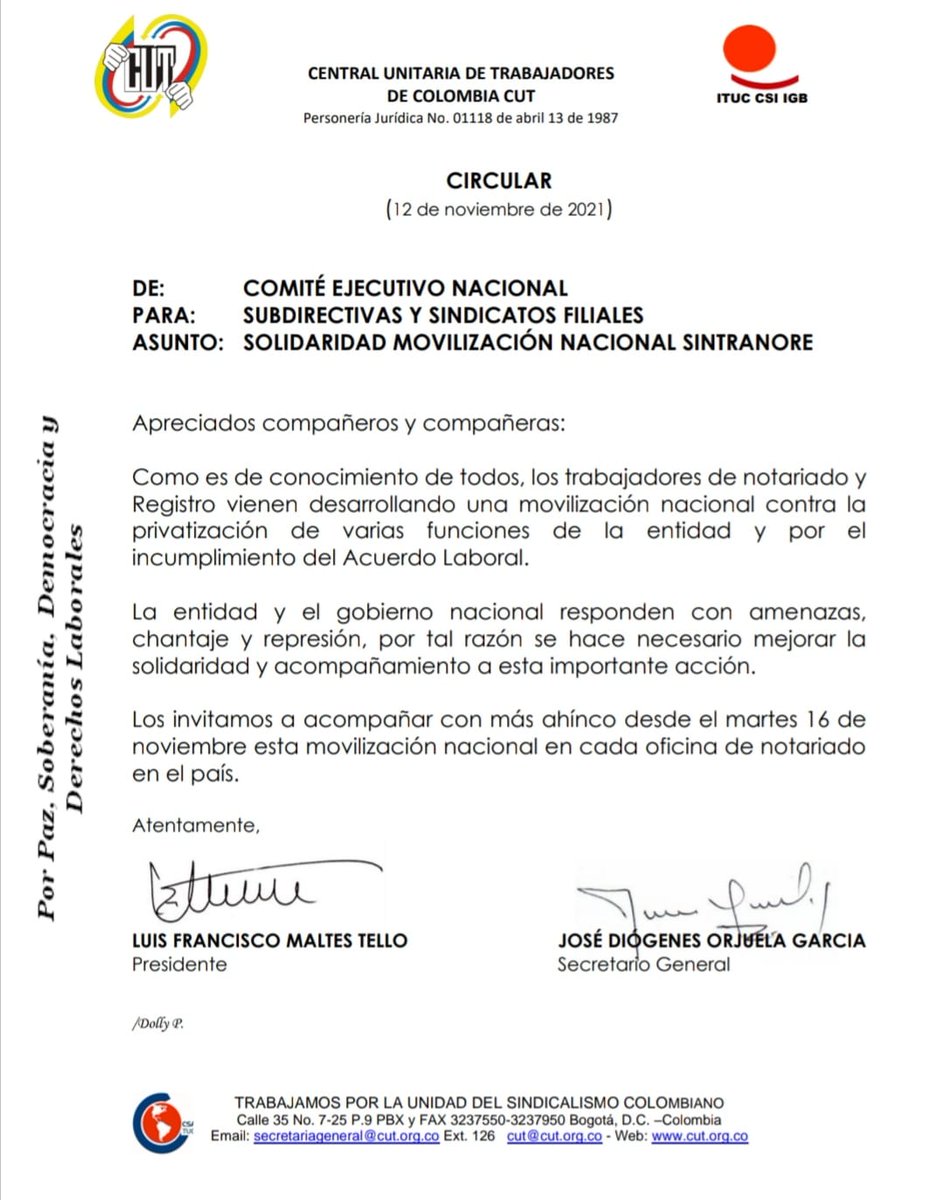 CutSantander's tweet photo. #Circular #CUTNacional #Paro #Notariado

La @cutcolombia orienta reafirmar el apoyo y solidaridad al paro liderado por @sintranore en defensa del servicio público notarial.

@maltescut1 @diogenesorjuela @fabioariascut @Nelsonalarcon74 @CarlosRFecode @usofrenteobrero @fecode https://t.co/uPIr4btKtA