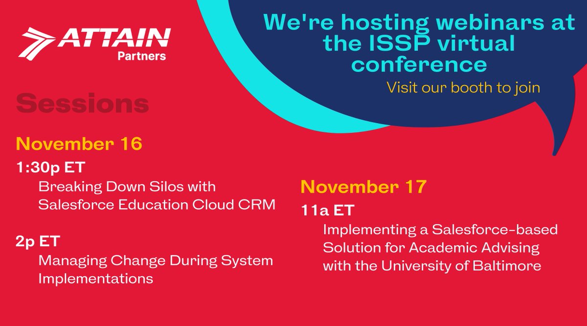 AttainLLC's tweet image. Our experts are presenting at #ISSP this week. Join us to learn how to use #SalesforceOrg to break down silos and enhance academic advising, as well as how to leverage change management techniques during your system implementations. bit.ly/3yYxVxz @SFDOPartners #SFDO